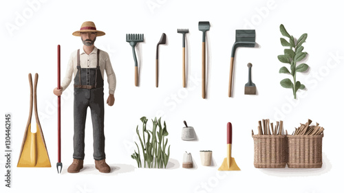 The image shows a miniature figurine of a farmer standing against a white background.  The farmer is wearing overalls and a hat.  Surrounding the figure are various miniature gardening