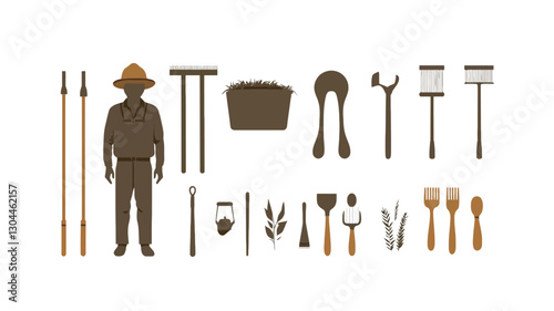A digital illustration featuring a collection of stylized icons representing archaeological excavation tools and equipment.  The icons are rendered in a simple, flat style with a