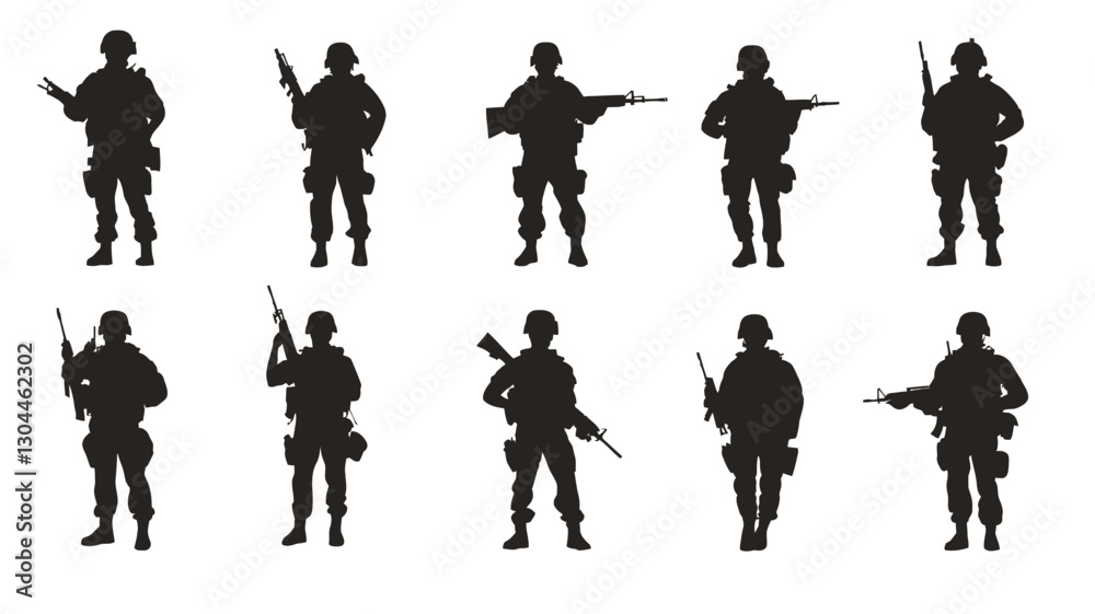 Obraz premium The image contains twelve individual silhouettes of soldiers. Each silhouette is depicted in a different standing pose, some holding rifles. The figures are uniformly black against a white