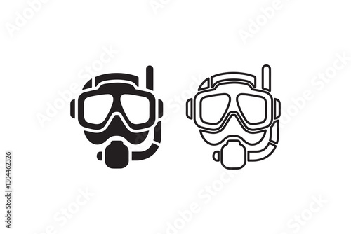 Scuba diving mask silhouette vector illustration in black and white, set against a white background