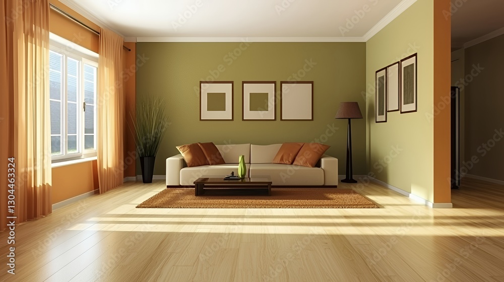 Fototapeta premium Bright Living Room Interior Design with Green and Orange Walls