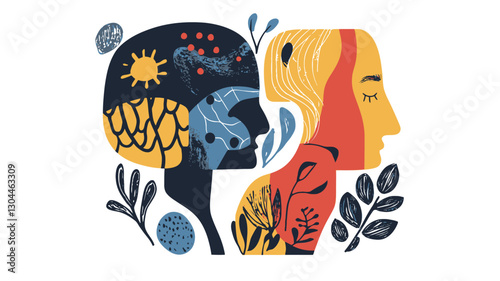 A stylized illustration depicting two profile views of human heads, seemingly interconnected. One head features dark, cool tones with celestial elements such as the sun, moon, and stars