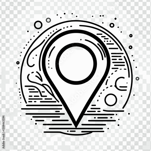 Location pin design with cosmic elements and lines on a transparent background for copy space