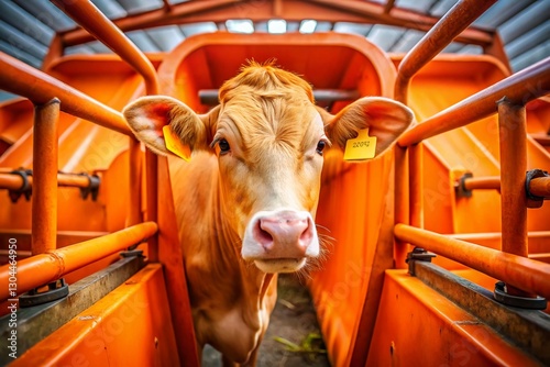 Candid Photo: Cow in Orange Cattle Chute - Farm Animal Stock Image
