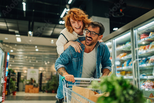 Foto Happy couple having fun while shopping in supermarket
