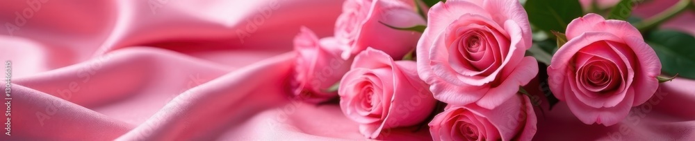 Fototapeta premium A cluster of velvety pink roses draped on luxurious silk , wedding, pink, rose