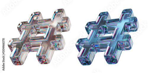 Hashtag letter symbol made of dispersion chromatic glass isolated over transparent background. 3d render illustration