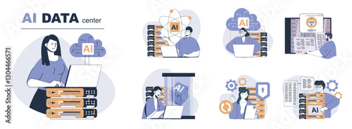 AI data center concept set in flat web design. People in isolated scenes using network computing with artificial intelligence technology, cloud processing and server computing. Vector illustrations.