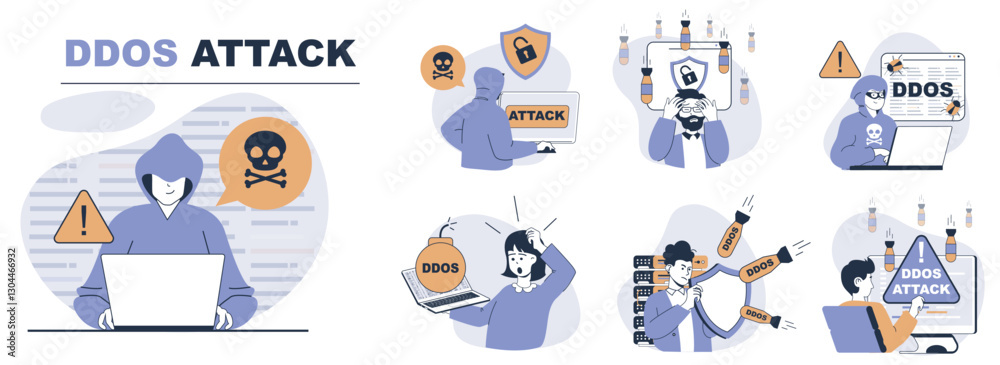 DDoS attack concept set in flat web design. People in isolated scenes suffering from danger overload network traffic and trying protection form hacker digital bombs and viruses. Vector illustrations. DDoS attack concept set in flat web design. People in isolated scenes suffering from danger overload network traffic and trying protection form hacker digital bombs and viruses. Vector illustrations.