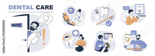 Dental care concept set in flat web design. People in isolated scenes suffering visiting dentist for teeth checkup, get oral hygiene, treatment and prevention tooth procedure. Vector illustrations.