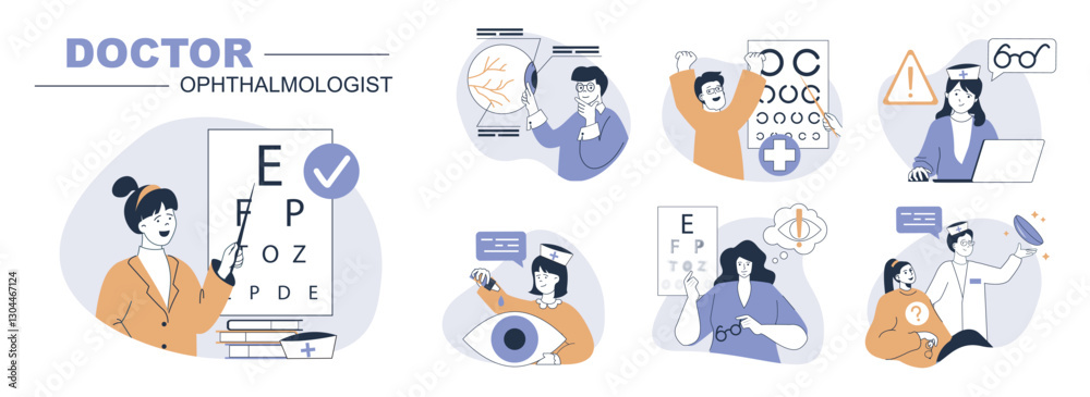 Fototapeta premium Doctor ophthalmologist concept set in flat web design. People in isolated scenes visiting eye clinic for eyesight tests and eyeball research, get correction with lens or glasses. Vector illustrations.