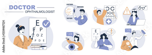 Doctor ophthalmologist concept set in flat web design. People in isolated scenes visiting eye clinic for eyesight tests and eyeball research, get correction with lens or glasses. Vector illustrations.