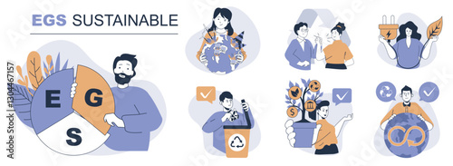 ESG sustainable concept set in flat web design. People in isolated scenes doing responsibility businesses with circular economy, environmental protection and waste recycling. Vector illustrations.