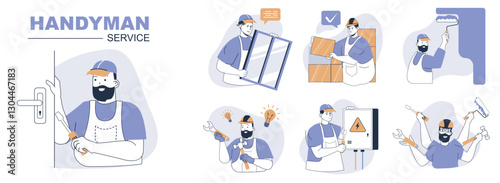 Handyman service concept set in flat web design. People in isolated scenes doing house repair, installing windows, builder bricklaying and painting walls, electrician fixing. Vector illustrations.