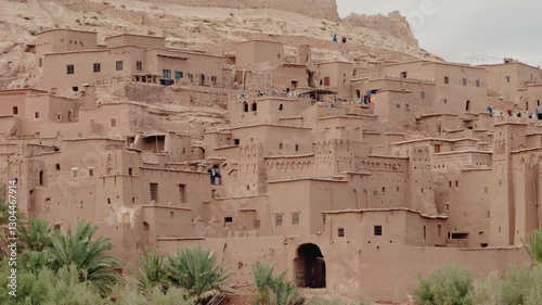 Ancient Ait Benhaddou Kasbah in Morocco. Built of clay bricks, this UNESCO World Heritage site stands as a testament to traditional Moroccan architecture.