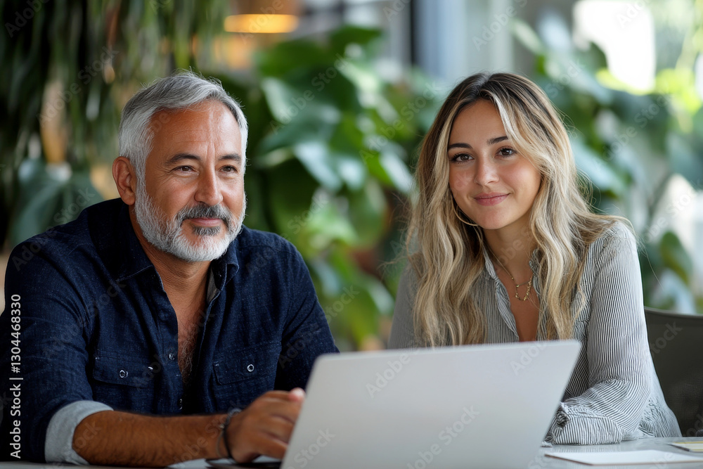 Collaborative professionals working on laptop in modern space