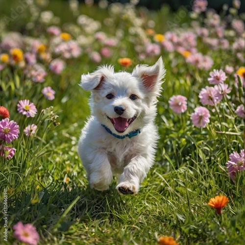 A cute dog playing in grass 