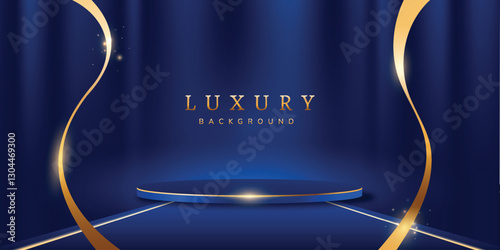 Blue podium luxury with golden ribbon background for elegant product display 