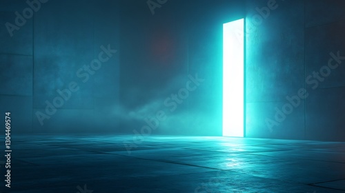 Wallpaper Mural Glowing cyan door mysteriously beckons in dark smoky room. AI Generated Torontodigital.ca