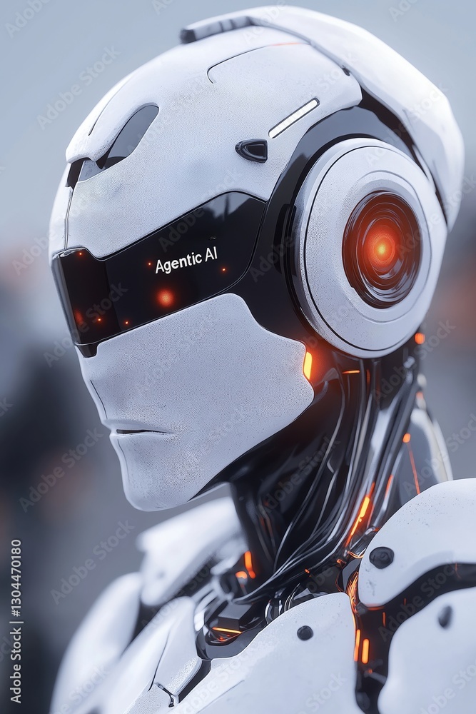 Fototapeta premium Futuristic Robot Head with Agentic AI Tech - Advanced Digital Intelligence Concept