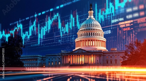 Us capitol with financial data lines symbolizes government and economic influence.