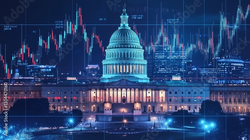 Us capitol with stock market graphs symbolizes economic policy and financial decisions.