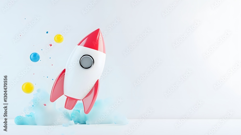 Fototapeta premium Colorful Rocket Launching with Clouds and Bubbles in Background