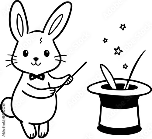 magician rabbit with wand and magic hat, performing trick