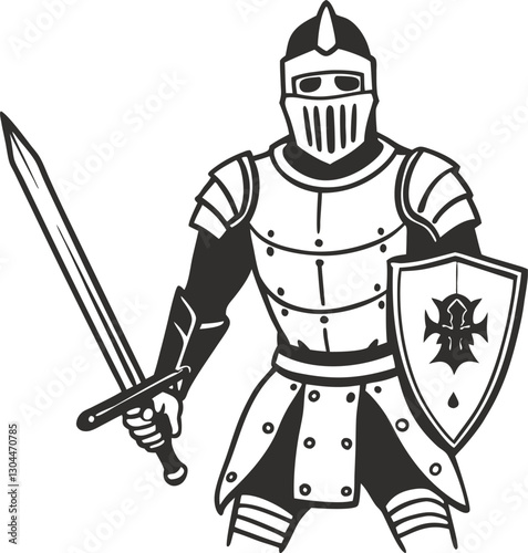 Medieval knight in armor with sword and shield, black and white illustration