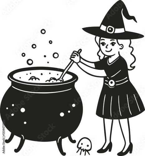 witch stirring cauldron with bubbling potion halloween magic, illustration witchcraft and fantasy scene with cute spider