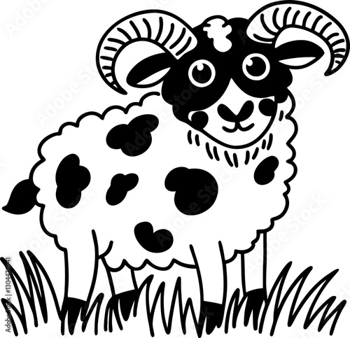 Black and white ram illustration on grass with curly horns