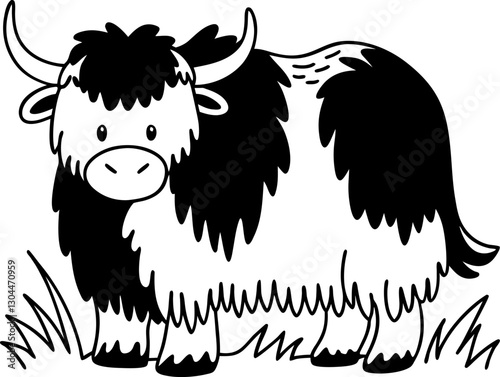 Cute yak in black and white, standing in grassy field adorable animal illustration for children