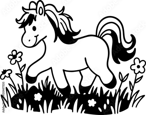 Cute pony in a field with flowers and grass, monochrome illustration for coloring