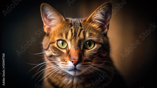 Close-up Brown Cat Portrait, Low Light Photography, Pet Animal