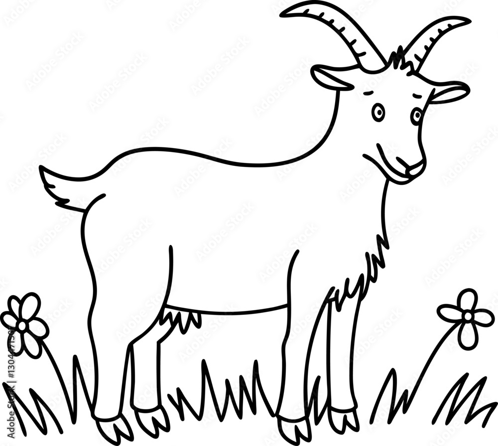 Cute goat illustration farm animal, smiling goat, horns, flowers, simple black outline drawing Cute goat illustration farm animal, smiling goat, horns, flowers, simple black outline drawing