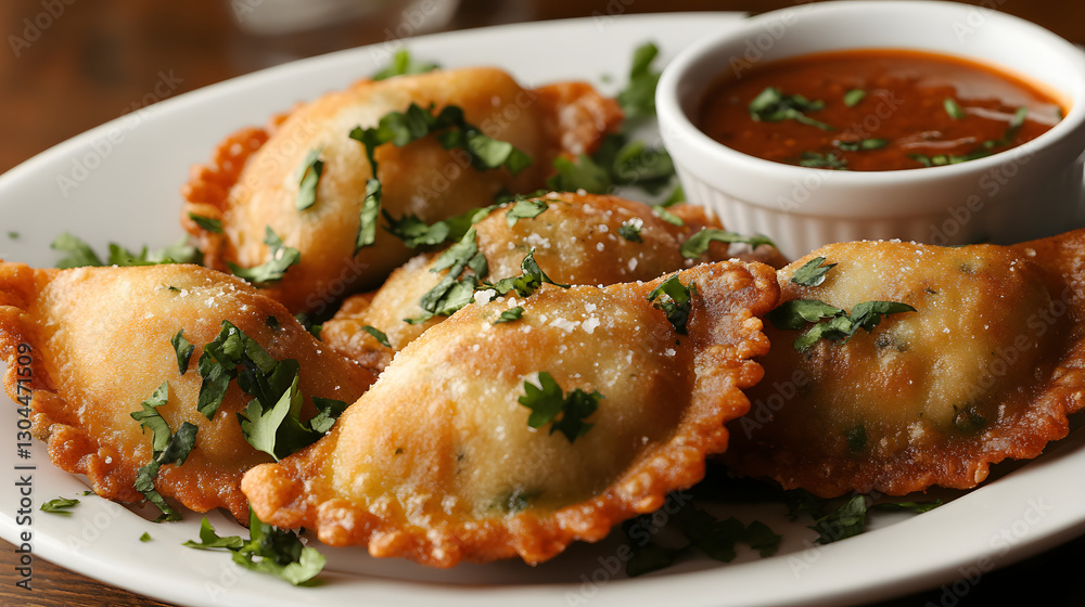 Golden fried ravioli with a ricotta and spinach filling, served with a refreshing cucumber and dill dipping sauce.