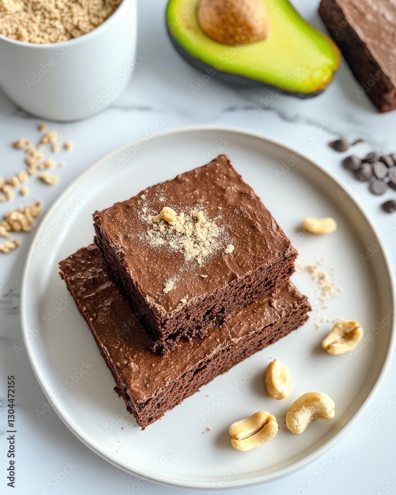 Rich chocolate brownies stacked on plate, garnished with nuts an Rich chocolate brownies stacked on plate, garnished with nuts an