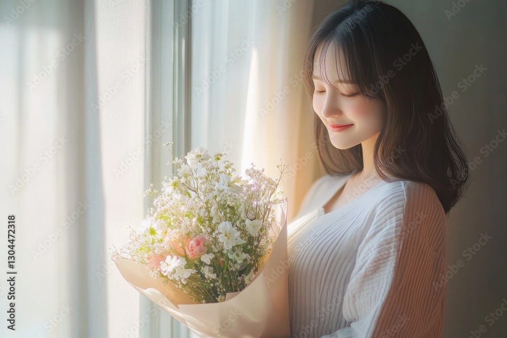 woman smiles softly while holding bouquet of flowers near sunlit woman smiles softly while holding bouquet of flowers near sunlit