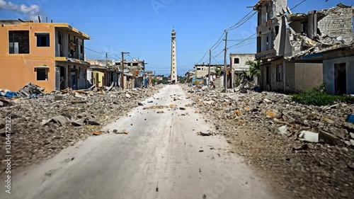 Deserted Street with Debris and Damaged Buildings Leads to Tall Tower Under Clear Blue Sky, Conveying Sense of Desolation and Deserted Street Filled with Rubble and Debris from Destroyed Buildings