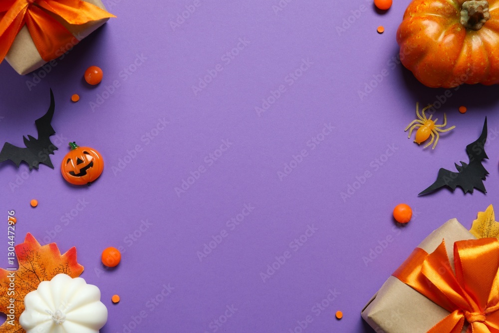 Fototapeta premium Halloween holiday decorations including gift boxes, pumpkins, spiders, bats on color background