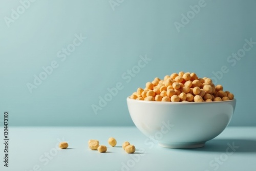 Wallpaper Mural A bowl of small, round, golden-colored cereal pieces sits on a pale blue surface against a matching backdrop. A few pieces have spilled onto the table. Torontodigital.ca