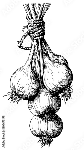 Garlic bulbs tied with rope for drying, showcasing traditional food preservation method in a rustic kitchen setting on a transparent background
