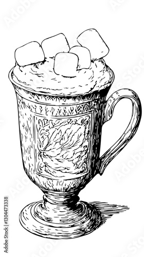 Hot beverage with marshmallows in a decorative cup featuring intricate designs on a transparent background