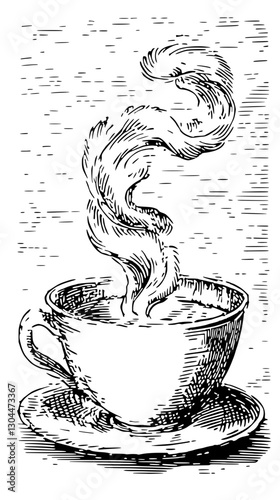 Delicate steam rising from a linocut coffee cup illustration with intricate details and transparent background