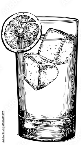 Refreshing cocktail in a glass with ice and lemon slice on a summer afternoon on a transparent background