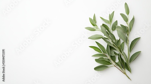 Fresh green leaves arranged elegantly on clean white background,