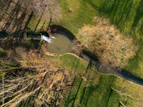 Aerial view of Langton Beck as it runs though the estate of Langton Hall in North Yorkshire in the northeast of England. photo