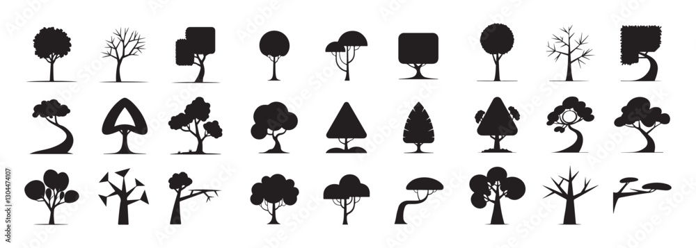 Obraz premium Abstract contour stylized tree, vector Decor Tree black silhouette clip art. Abstract tree icon isolated on white background. Tree silhouette symbo