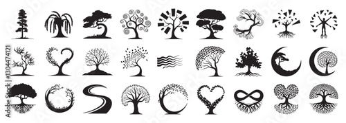 Detailed tree silhouettes of various trees on white background silhouette tree set highly detailed tree silhouette set