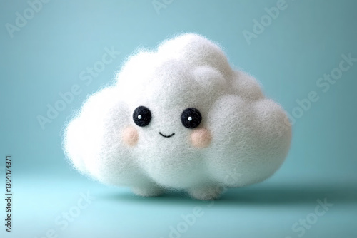 A cute fluffy cloud character with a happy expression and soft plush texture sits against a pastel blue background creating a friendly and joyful look

